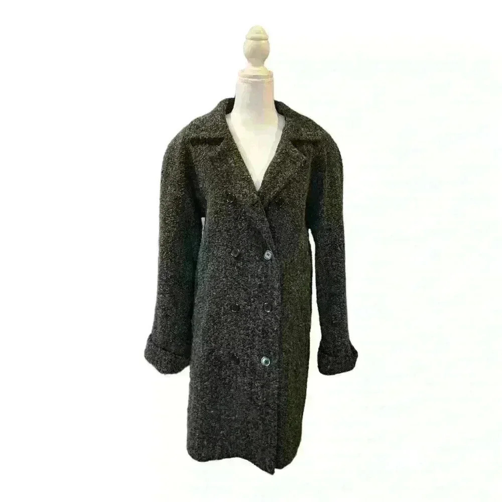 Sandro Vintage Double Breasted Wool Blend Knee Length Coat Black/Gray Size 14